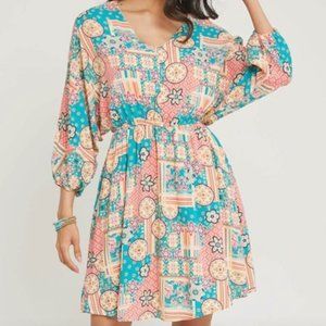 Savanna Jane Dress Patchwork V-Neck Dolman Sleeves Pink Blue Plus Size 1X New